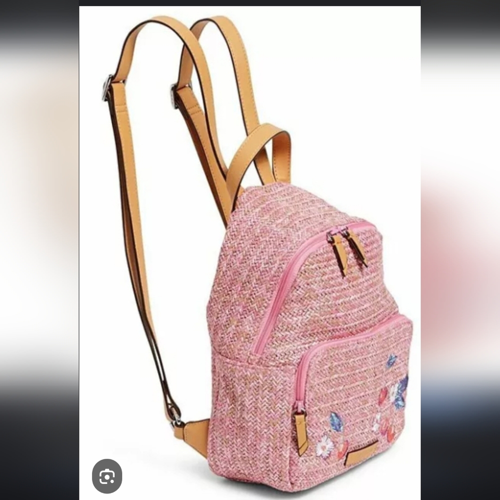 Vera Bradley Pink Woven Backpack with Floral/Cherry Design